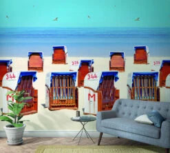 Fototapete Vlies Strand-Körbe See Blau Braun Beige 47218